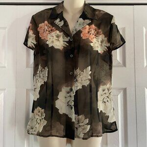 EVAN Picone cap sleeve Blouse Floral Semi Sheer button - Women's size 10